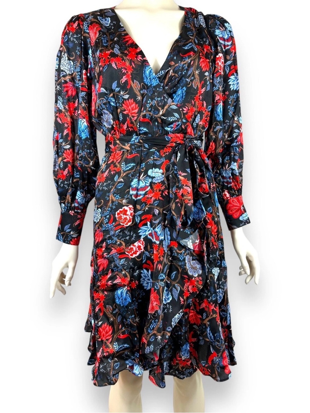 Floral Wrap Long-Sleeve Dress in Black with Red & Blue Blooms